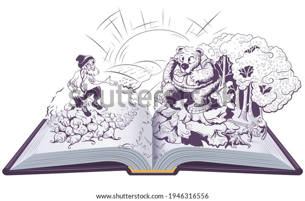 Man and bear russian folk tale open book\
illustration. Vector\
illustration