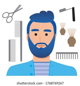 A man with a beard as a barbershop client and tools for a barbershop, scissors, comb, razor isolated on a white background. Stock vector flat illustration with as a concept of a haircut of a beard