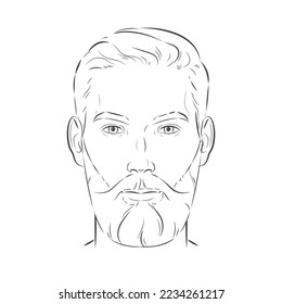 Man with beard. Barbershop trimming bearded hipster hairstyle. Stylish haircut. Set of man face portrait view turns front. Vector line illustration