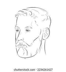 Man with beard. Barbershop trimming bearded hipster hairstyle. Stylish haircut. Man face portrait turns three-quarter. Vector line illustration