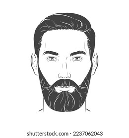 Man with beard. Barbershop trimming bearded hipster hairstyle. Stylish haircut. Set of man face portrait view turns front. Vector line illustration