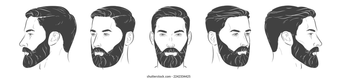 Man with beard. Barbershop trimming bearded hipster hairstyle. Stylish haircut. Set of man face portrait different angle view turns front, profile, three-quarter. Vector line illustration