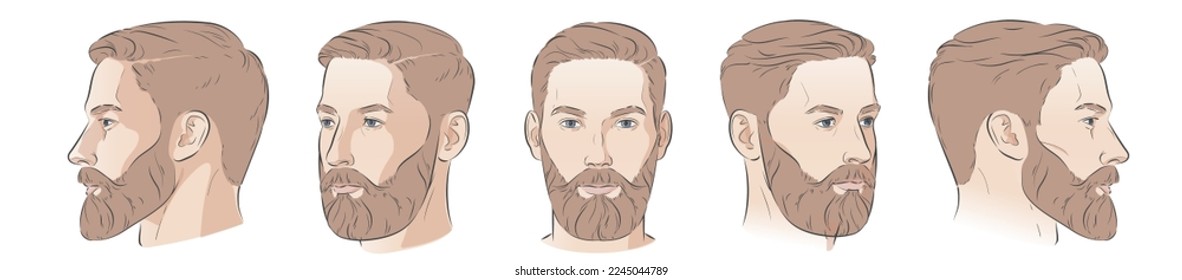 Man with beard. Barbershop trimming bearded hipster hairstyle. Stylish haircut. Set of man face portrait different angle view turns front, profile, three-quarter. Vector line illustration