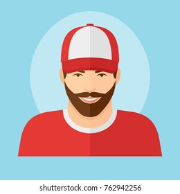 Man with beard in baseball cap flat style icon. Male character vector illustration.