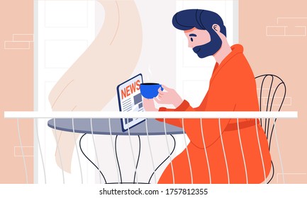 Man with beard in bath robe reading latest news on a tablet device and heaving his morning coffee at home on the balcony. Being well informed and up-to-date. Everyday rituals. Modern lifestyle habits.