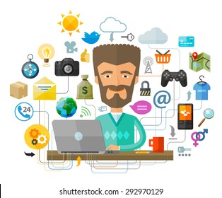 A man with a beard behind the laptop on the Internet. Vector illustration