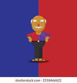 a man with a beard and a blue and red background.