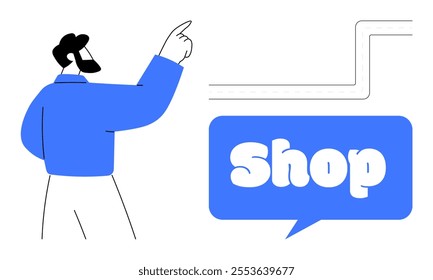 Man with a beard in blue shirt pointing toward a blue speech bubble with the word shop inside. Ideal for e-commerce, online store, shopping, business promotion, customer engagement. Modern flat style