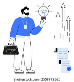 Man with beard in blue sweater holding light bulb, signifying innovation and ideas. Holding briefcase, indicating professionalism. Documents with checkmarks and arrows pointing upward, symbolizing