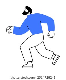 Un hombre con barba y top azul parece estar caminando, usando pantalones y zapatos beige. Ideal para actividades, diseño moderno, negocios, simplicidad y temas de fitness. Estilo minimalista audaz.