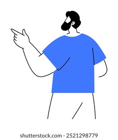 Un hombre con barba y camiseta azul apunta a la izquierda. Ideal para temas de comunicación, dirección y presentación. Sencillo pero efectivo. Estilo de Arte vectorial caricaturesco.