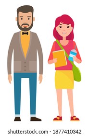 Man with beard and bow tie and cute young girl. Man standing near woman holding book and glass with a drink. Family characters father and daughter. Adult man and smiling girl student. Married couple
