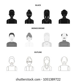 A man with a beard, a businesswoman, a pigtail girl, a bald man with a mustache.Avatar set collection icons in black,monochrome,outline style vector symbol stock illustration web.