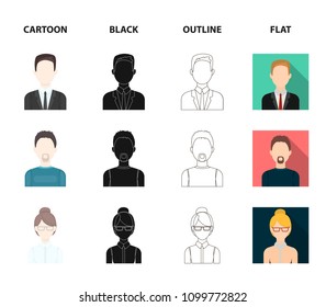 A man with a beard, a businesswoman, a pigtail girl, a bald man with a mustache.Avatar set collection icons in cartoon,black,outline,flat style vector symbol stock illustration web.