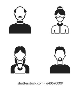 A man with a beard, a businesswoman, a pigtail girl, a bald man with a mustache.Avatar set collection icons in black style vector symbol stock illustration web.