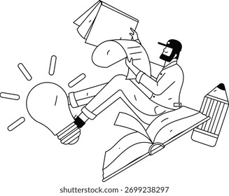 Homem com barba e boné lê com entusiasmo documento enquanto cercado por livro aberto, lâmpada brilhante e lápis grande, simbolizando conhecimento e inovação.