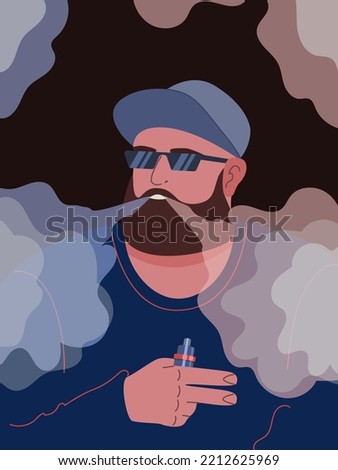 A man with a beard in a cap holds an electronic cigarette and lets off steam. Vaping, smoking. Vapes and an electronic vaporizer. Vector illustration