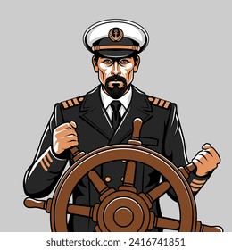 A man with a beard in a captain's uniform at the helm of the ship. Vector illustration