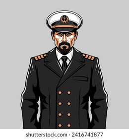 Man with a beard in a captain's uniform. Vector illustration