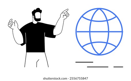 Man with a beard and casual clothes points towards a blue globe. Ideal for education technology digital connectivity geography presentations global awareness international studies and online