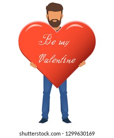 Man with a beard. Character For the feast of Saint Valentine and March 8. Cute man with a bouquet of flowers and a heart Holiday gift card. Flat design. Vector illustration on white background