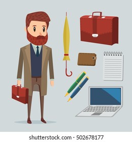 A man with a beard in a coat. Set of things for a businessman. Cartoon vector illustration.