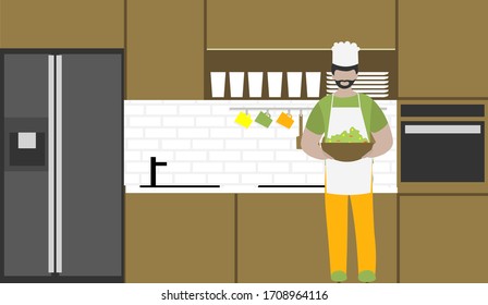 man with a beard cooks salad in the modern kitchen.  Сook makes the dish in house.  Concept tasty home food and cooking hobby. Cute illustration in flat style