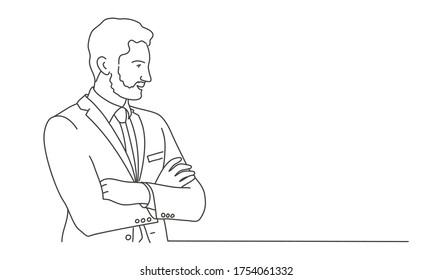 Man with beard and crossed arms. Line drawing vector illustration.