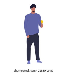 A man with a beard and curly hair eats ice cream. Flat vector illustration isolated on a white background.