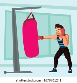 Hombre con barba hacer punzonado saco de entrenamiento ilustración vectorial
