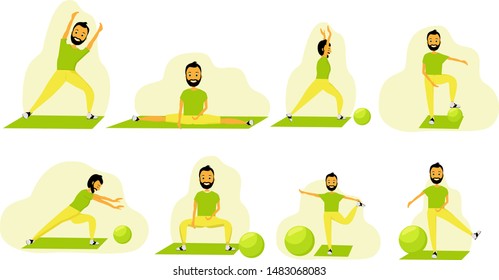 A man with a beard does yoga. Hipster goes in for sports. Europeans people. Isolated elements on white background, vector set.