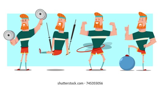 Man with beard doing fitness exercises with dumbbells, fit ball, hula hoop and trx training. Cute guy cartoon vector character set isolated on background. Healthy lifestyle and sport illustration.