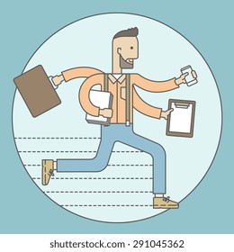 The man with a beard doing a lot of things at the same time. The multitasking concept. Vector flat design Illustration.