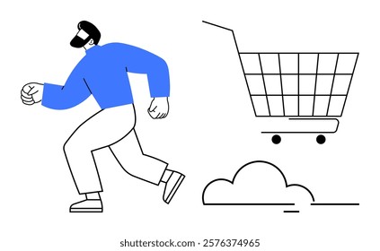 A man with a beard, dressed in a blue top and white pants, is running beside an empty shopping cart. Ideal for e-commerce, shopping, online business, delivery services, and retail themes. Minimalist