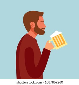 Hombre con barba bebiendo cerveza en diseño plano. El tipo bebiendo cerveza para celebrar en fiesta.