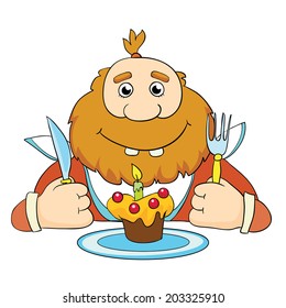 man with a beard eats cake, vector illustration on white background