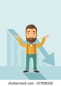 The man with a beard with falling down chart is confused. Bankruptcy concept. Vector flat design illustration. Vertical layout with a text space in a top.