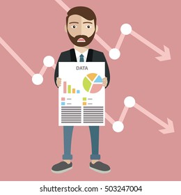 Man with a beard and falling down chart is confused. Bankruptcy concept. Vector flat design illustration