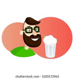 Man with beard in the form of hop vector illustration. Milk shake ads