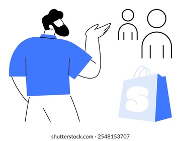 Man with a beard gestures towards two abstract figures. A shopping bag with a prominent S symbol is nearby. Ideal for marketing, retail, e-commerce, customer engagement, and branding. Minimalist flat