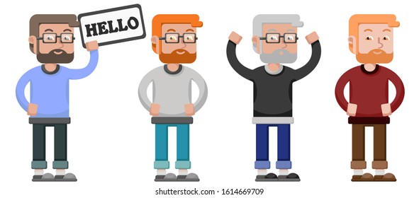 A man with a beard and glasses in different varieties. Programmer, businessman. Worker casual wear. Place for your ad. A man with a sign in his hands. Displeased person.