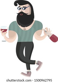 a man with a beard in glasses drinks wine. Holiday, cheerful mood. Hipsters having fun and relaxing. Vector graphics.