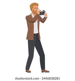 Man with beard and glasses holding camera, person taking photos vector illustration