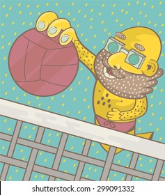 A man with a beard and glasses plays beach volleyball. vector