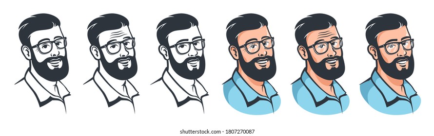 Hombre con barba y gafas - estilo retro. Cabeza masculina con avatar de la cosecha de hipster. Ilustración vectorial de dibujos animados.