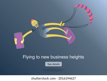 A man with a beard and glasses rides a wakeboard with a phone in his hand. Vector banner