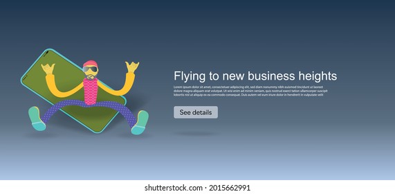 A man with a beard and glasses is sitting on a mobile phone. Vector banner