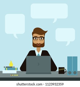 Man with the beard in glasses working on laptop. Office manager consultant workplace. Vector flat design illustration