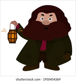 A man with a beard and green clothes, holding a lantern.