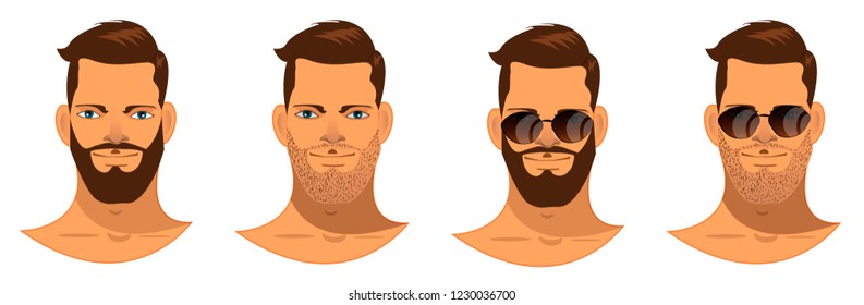 man with a beard, handsome guy with glasses , hipster, trendy, stylish, brunette, avatar, cartoon character, face, head, set